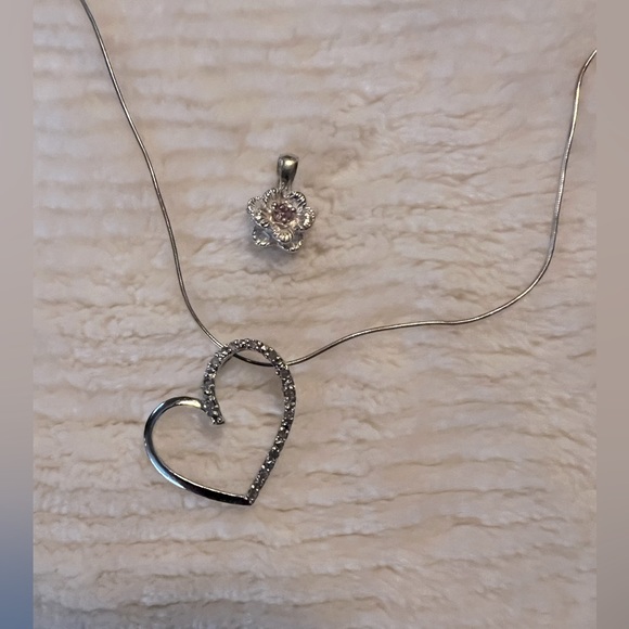 2 for 1 Genuine Diamond Floating Heart and Pink CZ Crystal Flower Necklace Set - Picture 2 of 9